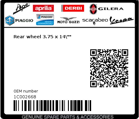 Product image: Piaggio - 1C002668 - Rear wheel 3.75 x 14\""  0