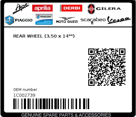Product image: Piaggio - 1C002739 - REAR WHEEL (3.50 x 14"")  0