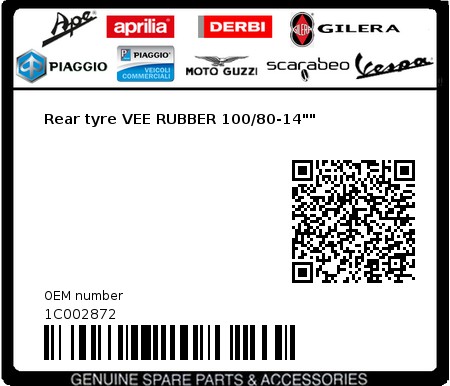 Product image: Piaggio - 1C002872 - Rear tyre VEE RUBBER 100/80-14""  0