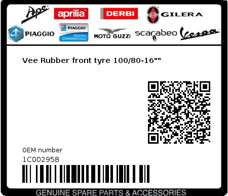 Product image: Piaggio - 1C002958 - Vee Rubber front tyre 100/80-16""  0