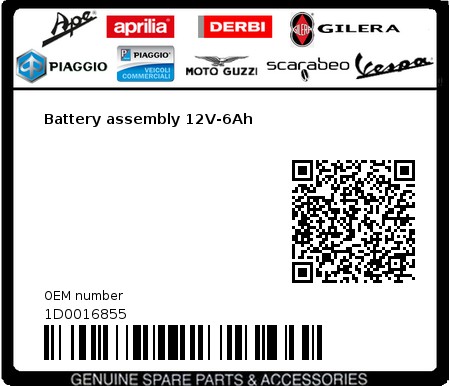 Product image: Piaggio - 1D0016855 - Battery assembly 12V-6Ah  0