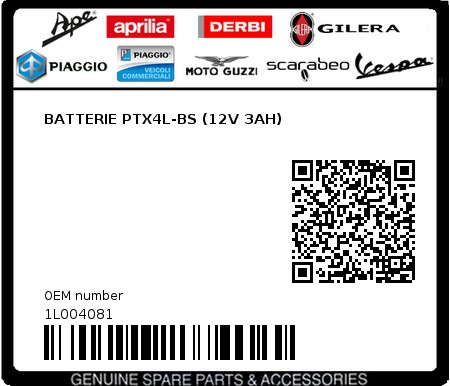 Product image: Piaggio - 1L004081 - BATTERIE PTX4L-BS (12V 3AH)  0