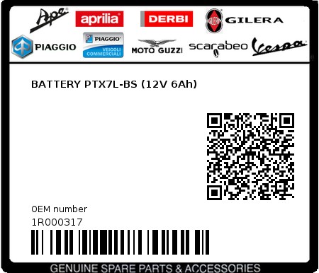 Product image: Piaggio - 1R000317 - BATTERY PTX7L-BS (12V 6Ah)  0
