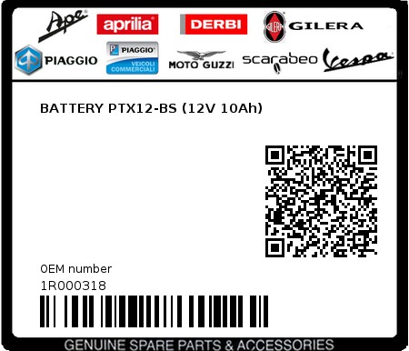 Product image: Piaggio - 1R000318 - BATTERY PTX12-BS (12V 10Ah)  0