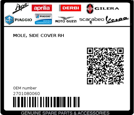 Product image: Piaggio - 2701080060 - MOLE, SIDE COVER RH  0