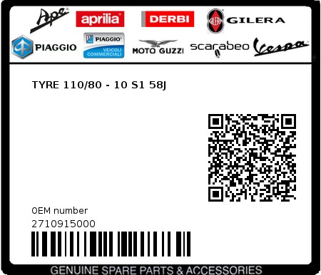 Product image: Piaggio - 2710915000 - TYRE 110/80 - 10 S1 58J  0