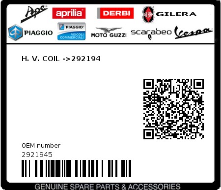 Product image: Piaggio - 2921945 - H. V. COIL ->292194  0