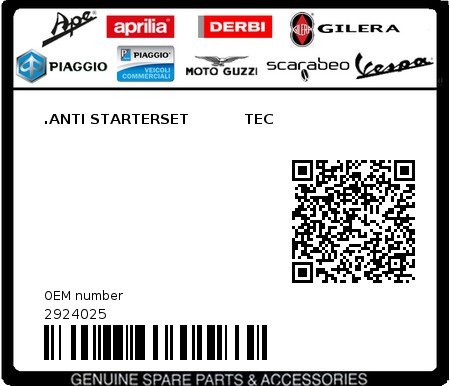Product image: Piaggio - 2924025 - .ANTI STARTERSET           TEC  0