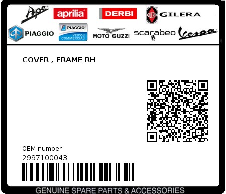 Product image: Piaggio - 2997100043 - COVER , FRAME RH  0