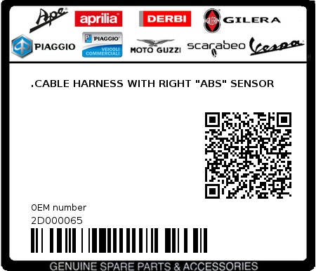 Product image: Piaggio - 2D000065 - .CABLE HARNESS WITH RIGHT "ABS" SENSOR  0