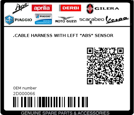 Product image: Piaggio - 2D000066 - .CABLE HARNESS WITH LEFT "ABS" SENSOR  0