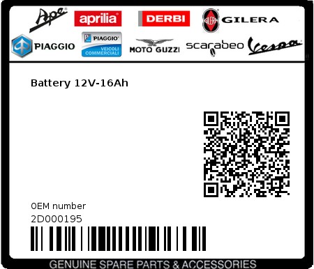 Product image: Piaggio - 2D000195 - Battery 12V-16Ah  0
