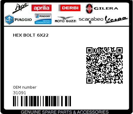 Product image: Piaggio - 31091 - HEX BOLT 6X22  0