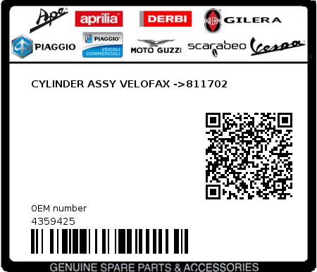 Product image: Piaggio - 4359425 - CYLINDER ASSY VELOFAX ->811702  0
