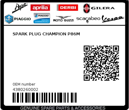 Product image: Piaggio - 4380260002 - SPARK PLUG CHAMPION P86M  0