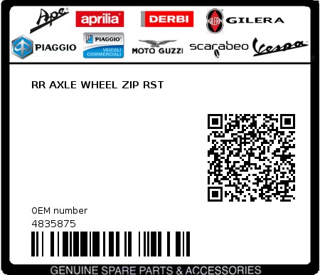 Product image: Piaggio - 4835875 - RR AXLE WHEEL ZIP RST  0