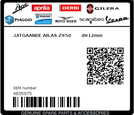 Product image: Piaggio - 4835975 - .UITGAANDE AR.AS Z=50       d=12mm  0