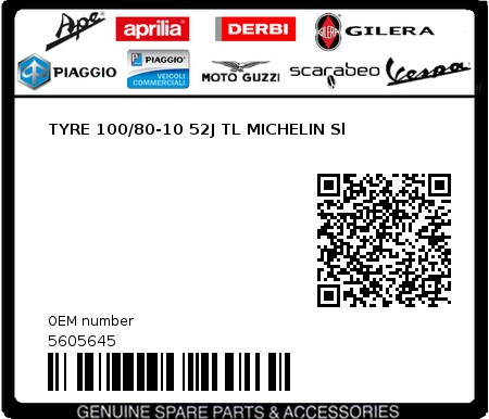 Product image: Piaggio - 5605645 - TYRE 100/80-10 52J TL MICHELIN Sl  0