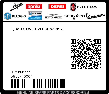 Product image: Piaggio - 5611740004 - H/BAR COVER VELOFAX 892  0