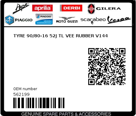 Product image: Piaggio - 562199 - TYRE 90/80-16 52J TL VEE RUBBER V144  0