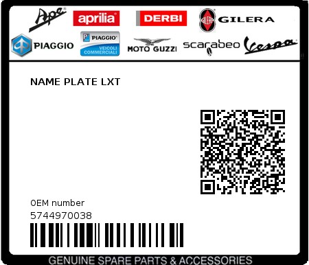 Product image: Piaggio - 5744970038 - NAME PLATE LXT  0