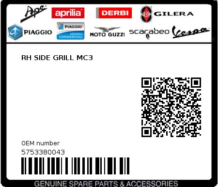 Product image: Piaggio - 5753380043 - RH SIDE GRILL MC3  0