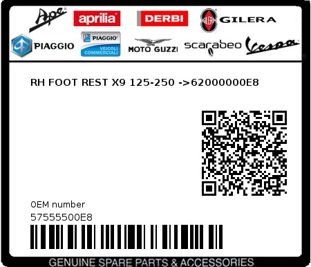 Product image: Piaggio - 57555500E8 - RH FOOT REST X9 125-250 ->62000000E8  0
