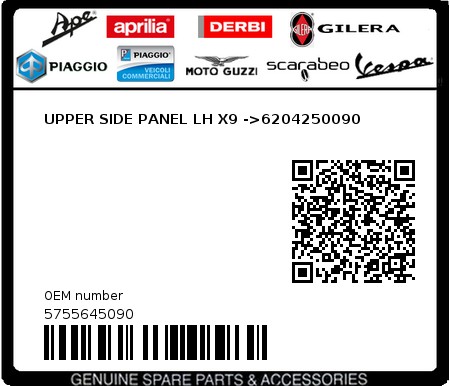 Product image: Piaggio - 5755645090 - UPPER SIDE PANEL LH X9 ->6204250090  0
