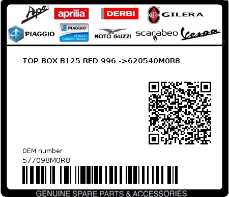 Product image: Piaggio - 577098M0R8 - TOP BOX B125 RED 996 ->620540M0R8  0