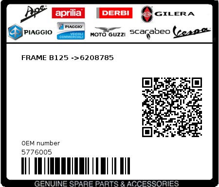 Product image: Piaggio - 5776005 - FRAME B125 ->6208785  0