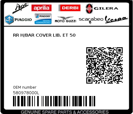 Product image: Piaggio - 580978000L - RR H/BAR COVER LIB. ET 50  0