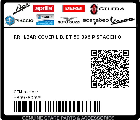 Product image: Piaggio - 58097800V9 - RR H/BAR COVER LIB. ET 50 396 PISTACCHIO  0