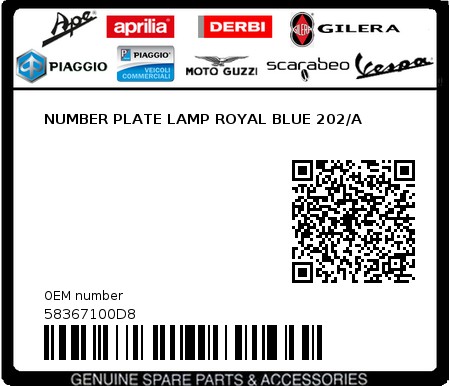 Product image: Piaggio - 58367100D8 - NUMBER PLATE LAMP ROYAL BLUE 202/A  0