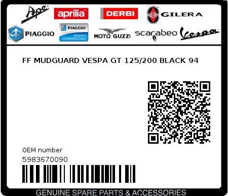 Product image: Piaggio - 5983670090 - FF MUDGUARD VESPA GT 125/200 BLACK 94  0