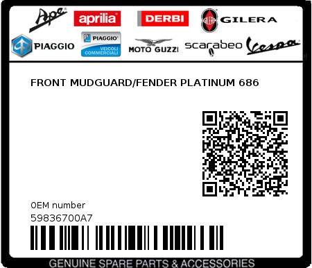 Product image: Piaggio - 59836700A7 - FRONT MUDGUARD/FENDER PLATINUM 686  0