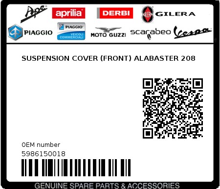 Product image: Piaggio - 5986150018 - SUSPENSION COVER (FRONT) ALABASTER 208  0