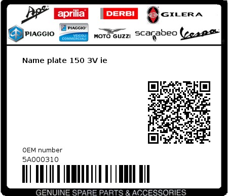 Product image: Piaggio - 5A000310 - Name plate 150 3V ie  0