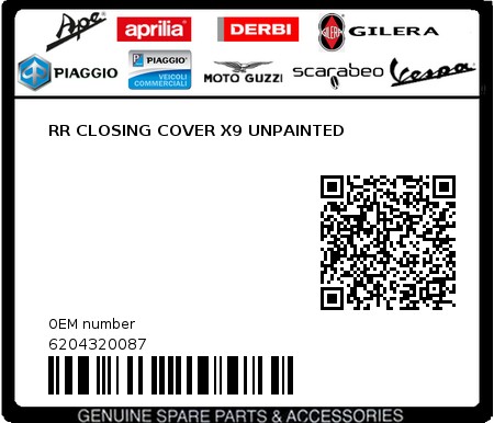 Product image: Piaggio - 6204320087 - RR CLOSING COVER X9 UNPAINTED  0