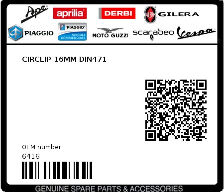 Product image: Piaggio - 6416 - CIRCLIP 16MM DIN471  0