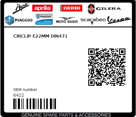 Product image: Piaggio - 6422 - CIRCLIP E22MM DIN471  0