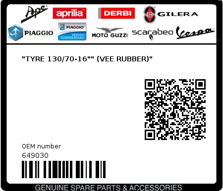 Product image: Piaggio - 649030 - "TYRE 130/70-16"" (VEE RUBBER)"  0