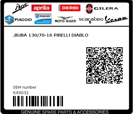 Product image: Piaggio - 649032 - .BUBA 130/70-16 PIRELLI DIABLO  0
