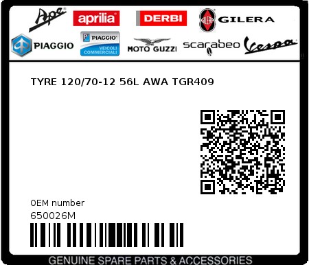 Product image: Piaggio - 650026M - TYRE 120/70-12 56L AWA TGR409  0