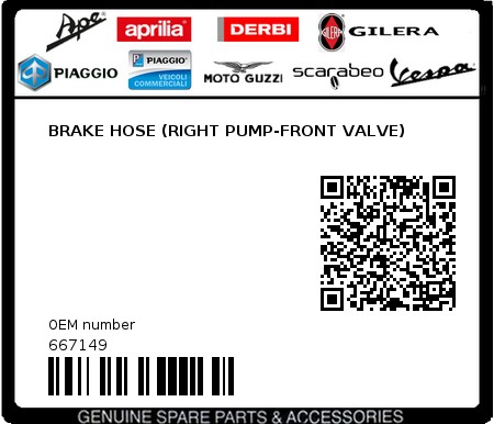 Product image: Piaggio - 667149 - BRAKE HOSE (RIGHT PUMP-FRONT VALVE)  0