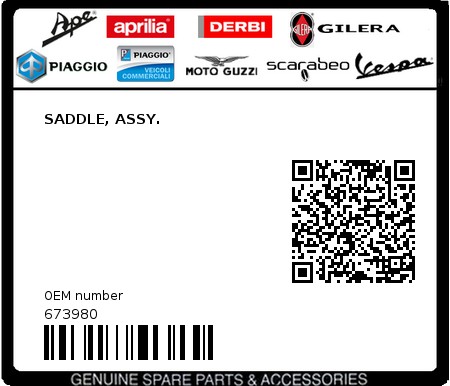 Product image: Piaggio - 673980 - SADDLE, ASSY.  0