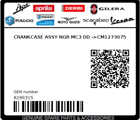 Product image: Piaggio - 8286315 - CRANKCASE ASSY NGR MC3 DD ->CM1273075  0