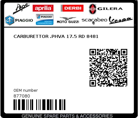 Product image: Piaggio - 877080 - CARBURETTOR .PHVA 17.5 RD 8481  0