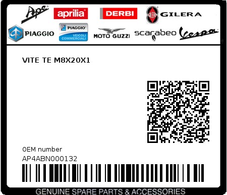 Product image: Piaggio - AP4ABN000132 - VITE TE M8X20X1  0