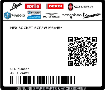 Product image: Piaggio - AP8150403 - HEX SOCKET SCREW M6x45*  0