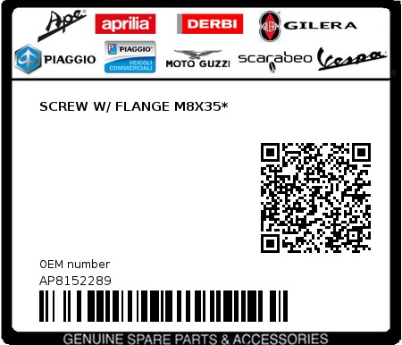 Product image: Piaggio - AP8152289 - SCREW W/ FLANGE M8X35*  0